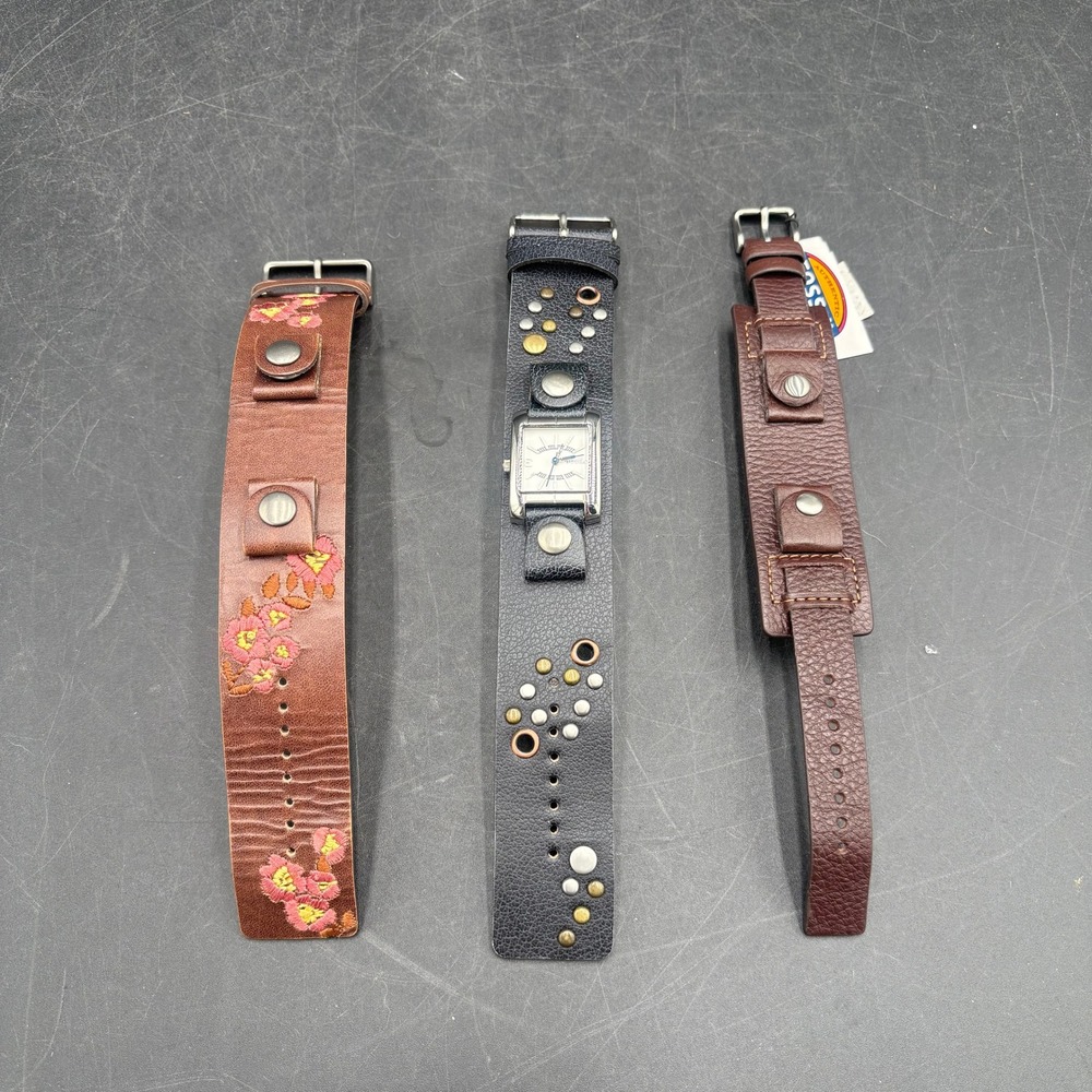 Fossil Watch & Bundle of 3 Leather Cuffs Bands Embroidery Boho‎ Straps New & EUC